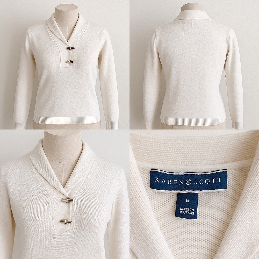 Karen Scott Preppy‎ Sweater Women Medium Winter White Toggles Nautical Timeless